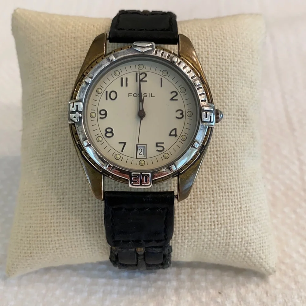 Fossil Black Silver Vintage Water Resistant Watch Original Woven Leather Strap